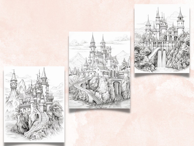 Puede incluir: Tres dibujos en blanco y negro de castillos de fantas&iacute;a en acantilados rocosos con cascadas y puentes. Los castillos est&aacute;n detallados con torres, ventanas y puertas.