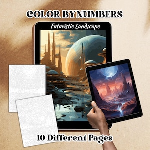 May include: Color by Numbers kit featuring a futuristic landscape. The image shows a tablet displaying a colorful digital painting of a sci-fi scene with a large planet and tall structures. Includes 10 different pages for coloring.