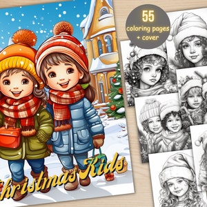 55 Christmas Kids Coloring Book, Printable Xmas Noel Holiday Coloring Pages, Grayscale Christmas Winter Coloring Book for Adults and Kids