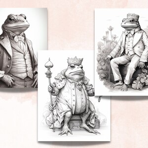 May include: Three black and white illustrations of frogs wearing different outfits. The first frog is wearing a suit and tie. The second frog is wearing a crown and robe. The third frog is wearing a suit and sitting on a rock.