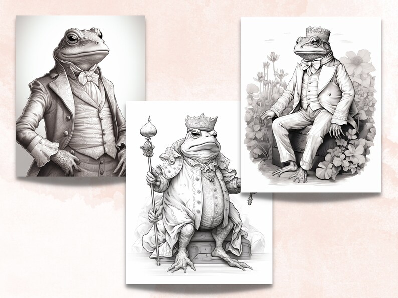 May include: Three black and white illustrations of frogs wearing different outfits. The first frog is wearing a suit and tie. The second frog is wearing a crown and robe. The third frog is wearing a suit and sitting on a rock.