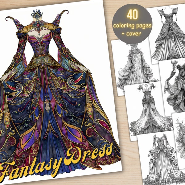 40 Fantasy Dress Coloring Book, Printable Gothic Fashion Dress Coloring Pages, Grayscale Magical Floral Dress Coloring Book for Adults Kids