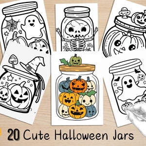 Bold and Easy Coloring Book, Cute Kawaii Halloween Jar Coloring Pages, Cute Creepy Halloween Coloring, Relaxing Activity for Adults and Kids