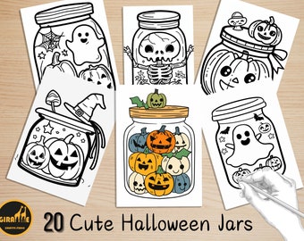 Peut inclure: Un ensemble de 20 pages à colorier imprimables mettant en scène de jolis bocaux d'Halloween avec divers motifs effrayants et festifs. Chaque bocal est rempli de citrouilles, de fantômes et d'autres éléments d'Halloween. Les pages sont parfaites pour que les enfants les colorent et les décorent pour les fêtes.