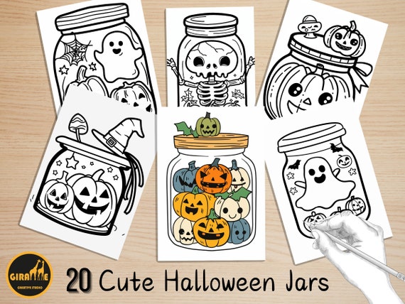 Bold and Easy Coloring Book, Cute Kawaii Halloween Jar Coloring Pages, Cute Creepy Halloween Coloring, Relaxing Activity for Adults and Kids