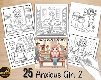 Anxious Girl 2 Coloring Pages, Bold and Easy Coloring Book, Anxiety Girly Coloring, Relaxing Cozy Activity for Adult and Kids, Stress Relief
