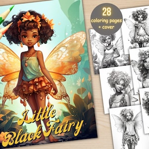 28 Fantasy Little Black Fairy Girl Coloring Book, Printable PDF, Afro African Coloring Pages, Grayscale Coloring Book for Adults and Kids