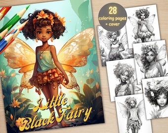 28 Fantasy Little Black Fairy Girl Coloring Book, Printable PDF, Afro African Coloring Pages, Grayscale Coloring Book for Adults and Kids