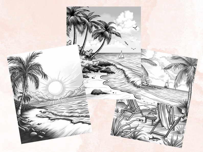 55 Summer Beach Coloring Book, Printable Summer Sea View Coloring Pages, Grayscale Tropical Vacation Landscape Coloring Book for Adults Kids