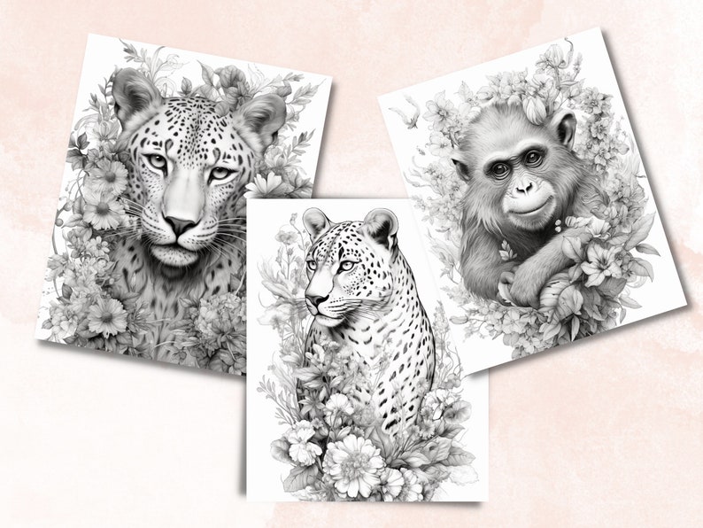 May include: Three black and white illustrations of animals surrounded by flowers. The first image is a leopard looking directly at the viewer. The second image is a leopard looking to the right. The third image is a monkey looking to the left.