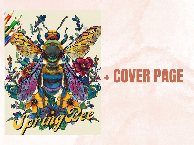 45 Spring Bee Coloring Book, Printable Floral Bee Coloring Pages, Grayscale Spring Flowers Insect Coloring Book for Adults and Kids