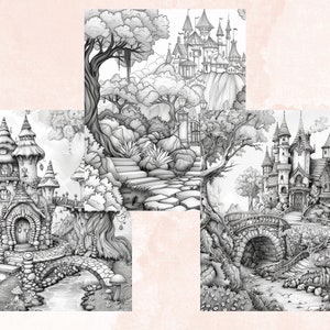 45 Forest Fairy Coloring Book, Printable Fairy Garden Scene Coloring Pages, Fairytale Castle Landscapes Grayscale Coloring Book for Adults