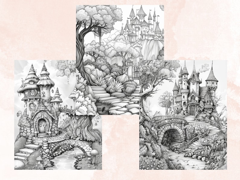 45 Forest Fairy Coloring Book, Printable Fairy Garden Scene Coloring Pages, Fairytale Castle Landscapes Grayscale Coloring Book for Adults