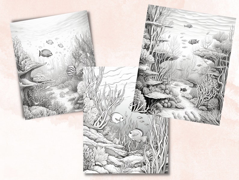 50 Enchanted Underwater Coloring Book, Printable Under the Sea Coloring Pages, Grayscale Ocean Life Scenes Coloring Book for Adults and Kids