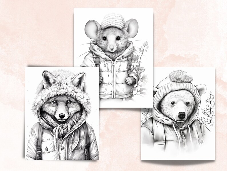 70 Winter Animals Coloring Book, Printable Winter Cutties Coloring Pages, Grayscale Cute Winter Woodland Coloring Book for Adults and Kids