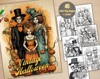 45 Vintage Halloween Bundle Coloring Book, Printable Retro Creepy Pumpkin Witch Coloring Pages, Grayscale Halloween Coloring Book for Adults