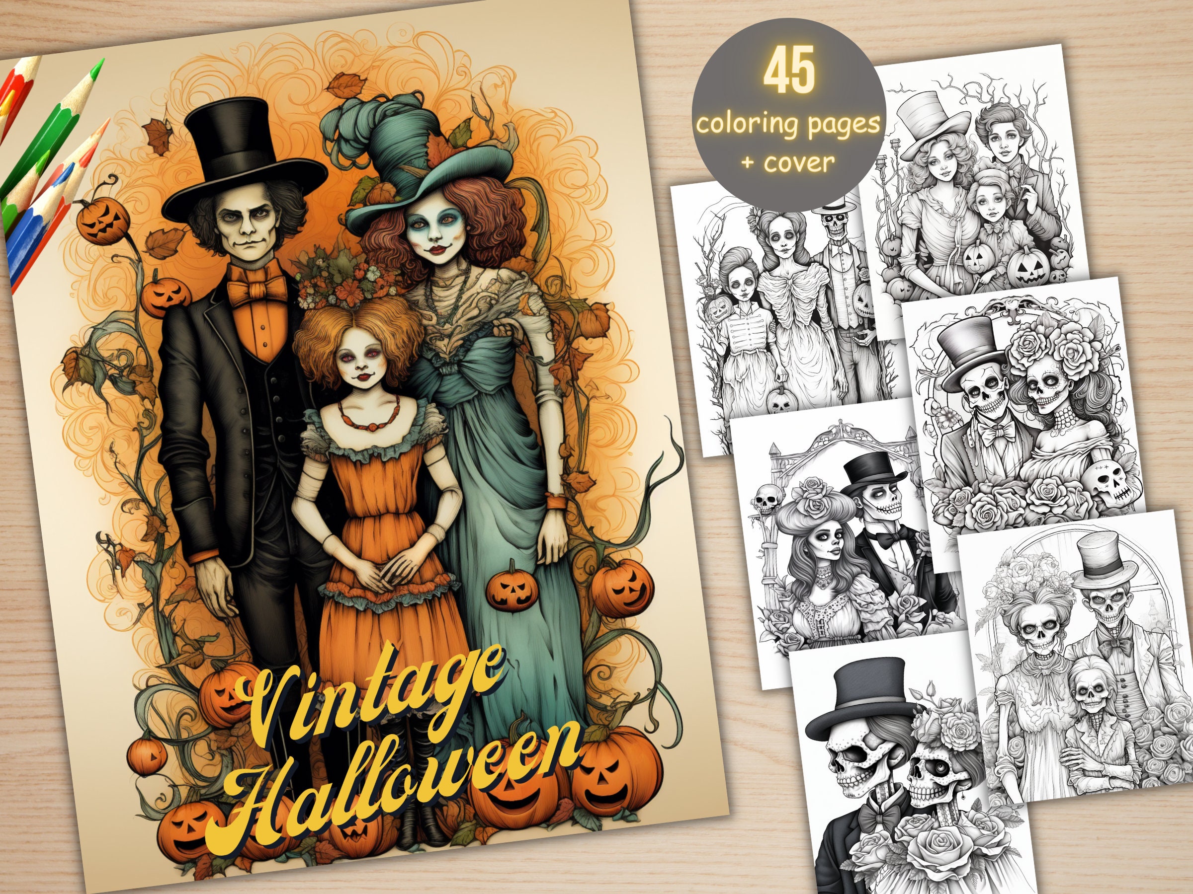 45 Vintage Halloween Bundle Coloring Book, Printable Retro Creepy Pumpkin Witch Coloring Pages, Grayscale Halloween Coloring Book for Adults