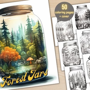 50 Enchanted Forest Jars Coloring Book, Printable Magical Forest Coloring Pages, Grayscale Coloring Book for Adults, Relax and Stress Relief