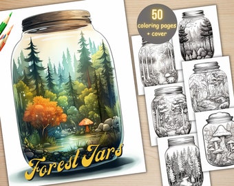 50 Enchanted Forest Jars Coloring Book, Printable Magical Forest Coloring Pages, Grayscale Coloring Book for Adults, Relax and Stress Relief