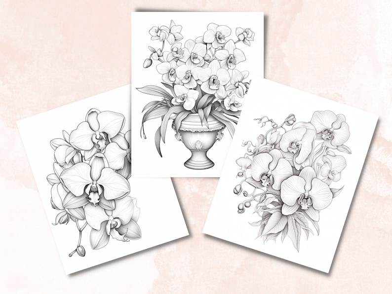 45 Orchid Flowers Coloring Book, Printable PDF, Botanical Floral Plant Coloring Pages, Fantasy Grayscale Spring Coloring Book for Adult Kids