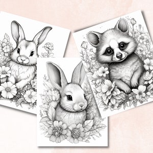 26 Baby Woodland Animals Coloring Book, Printable Little Forest Animals Coloring Pages, Grayscale Coloring Book for Adult Kids, Cute Animals image 6