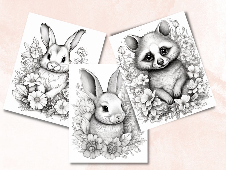 26 Baby Woodland Animals Coloring Book, Printable Little Forest Animals Coloring Pages, Grayscale Coloring Book for Adult Kids, Cute Animals image 6