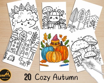 Bold and Easy Coloring Book, Cozy Kawaii Autumn Scenes Coloring Pages, Cute Kawaii Fall Corner Coloring, Relaxing Activity for Adults
