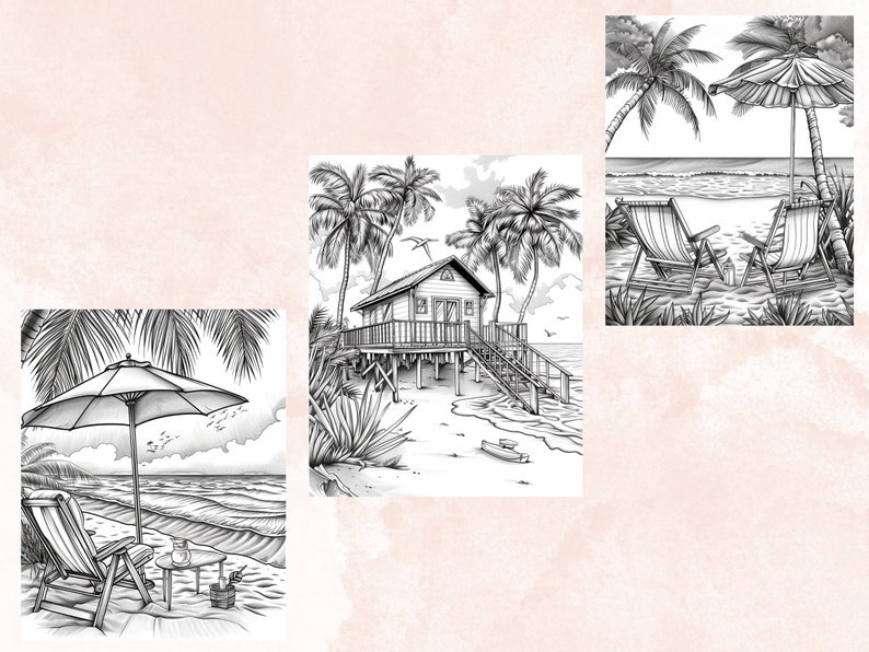 55 Summer Beach Coloring Book, Printable Summer Sea View Coloring Pages, Grayscale Tropical Vacation Landscape Coloring Book for Adults Kids