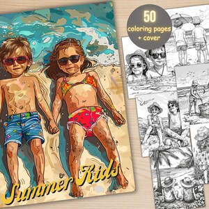 50 Summer Kids Coloring Book, Printable PDF, Little Cute Beach Holiday Kids Coloring Pages, Grayscale Coloring Book for Adults and Kids