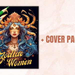 Pu&ograve; includere: Un'illustrazione colorata di una donna con i capelli blu e una corona di granchio. La donna &egrave; circondata da stelle e altre immagini celesti. Il testo "Zodiac Women" &egrave; scritto in lettere dorate nella parte inferiore dell'immagine.