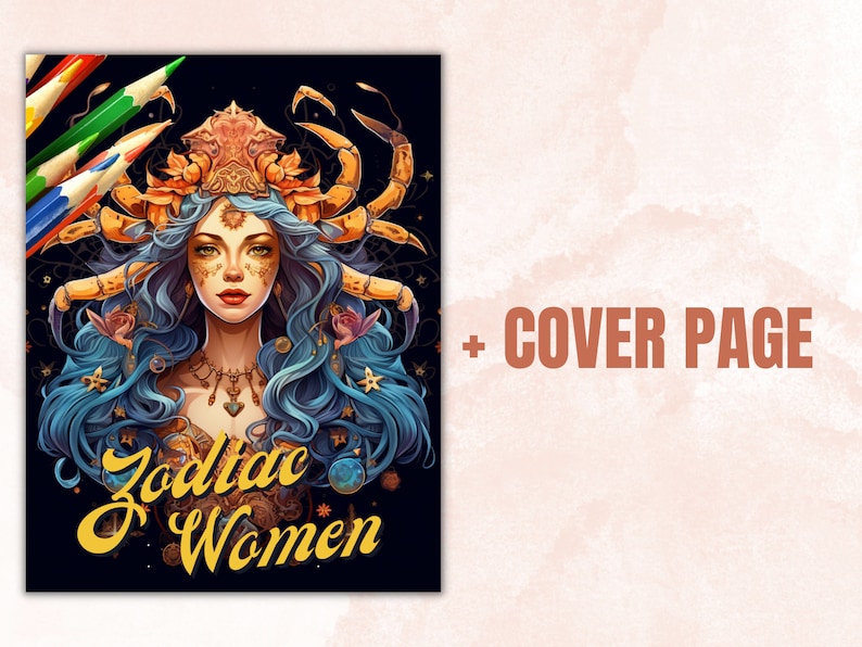 Pu&ograve; includere: Un'illustrazione colorata di una donna con i capelli blu e una corona di granchio. La donna &egrave; circondata da stelle e altre immagini celesti. Il testo "Zodiac Women" &egrave; scritto in lettere dorate nella parte inferiore dell'immagine.