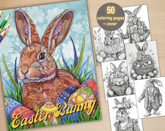 50 Easter Bunny Coloring Book, Printable Easter Rabbit Scenes Coloring Pages, Grayscale Cute Bunnies Coloring Book for Adults and Kids