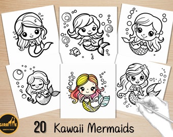 May include: A collection of 20 Kawaii mermaid illustrations, perfect for coloring. Each mermaid is depicted in a cute, cartoon style with large eyes and flowing hair. Some mermaids have bubbles and fish. The mermaids are in black and white, with one colored example.