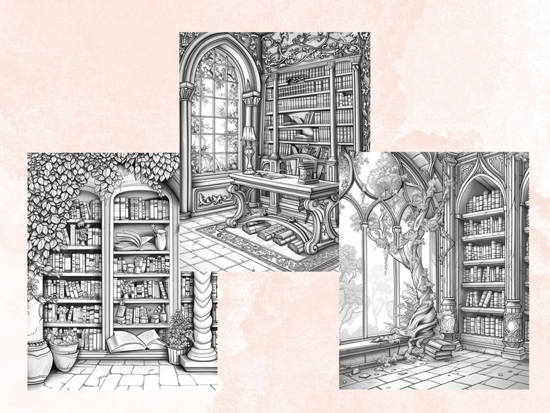 45 Enchanted Library Coloring Book, Printable Fantasy Library Interior ...