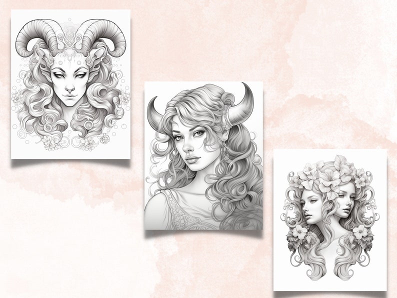 Pu&ograve; includere: Tre disegni in bianco e nero di donne con tratti animali. La prima donna ha corna di ariete e un motivo floreale intorno alla testa. La seconda donna ha corna di toro e un motivo floreale sul suo vestito. La terza donna ha due volti e una corona di fiori.