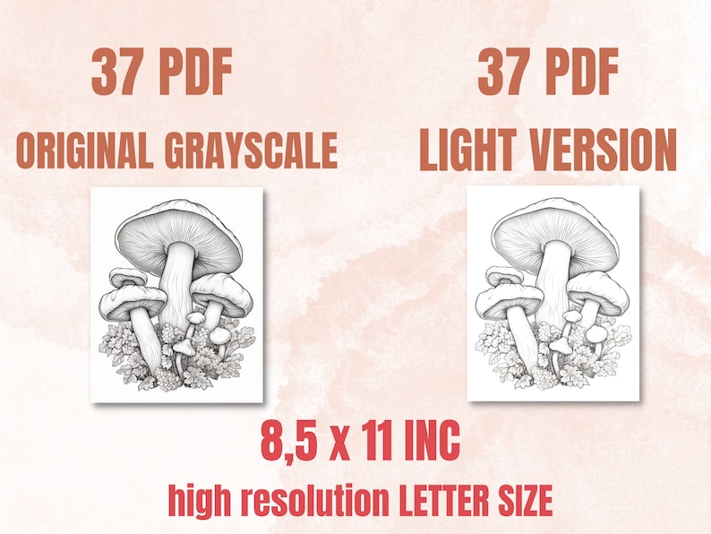 May include: A set of 37 black and white mushroom illustrations in a grayscale style. The mushrooms are drawn in detail and are arranged in a cluster. The image is 8.5 inches by 11 inches and is high resolution.