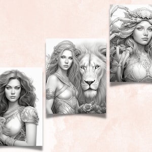 Pu&ograve; includere: Tre illustrazioni in bianco e nero di donne con compagni animali. La prima immagine mostra una donna con i capelli lunghi e fluenti che tiene un leone. La seconda immagine mostra una donna con i capelli lunghi e fluenti in piedi accanto a un leone. La terza immagine mostra una donna con i capelli lunghi e fluenti che indossa un granchio sulla testa.