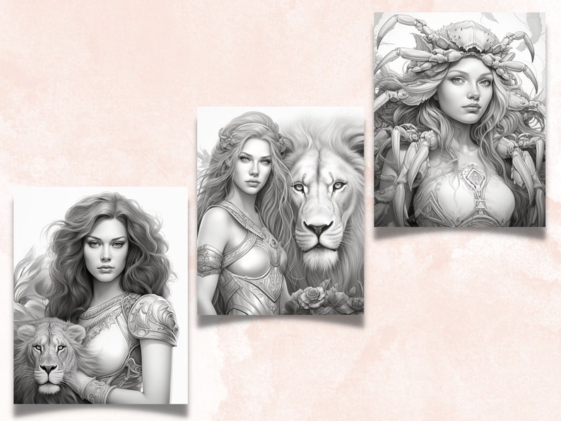 Pu&ograve; includere: Tre illustrazioni in bianco e nero di donne con compagni animali. La prima immagine mostra una donna con i capelli lunghi e fluenti che tiene un leone. La seconda immagine mostra una donna con i capelli lunghi e fluenti in piedi accanto a un leone. La terza immagine mostra una donna con i capelli lunghi e fluenti che indossa un granchio sulla testa.