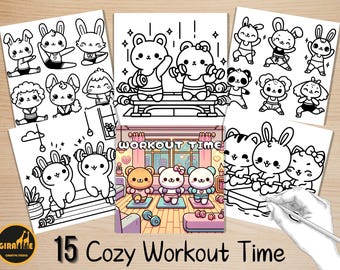 Bold and Easy Coloring Book, Hygge Workout Time Coloring Pages, Comfy Fitness Moments Coloring, Relaxing Activity for Adults, Stress Relief