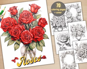 70 Rose Coloring Book, Printable PDF, Botanical Floral Plant Coloring Pages, Fantasy Grayscale Red Roses Coloring Book for Adults and Kids