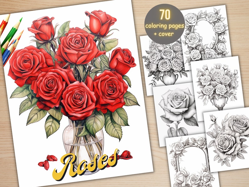 70 Rose Coloring Book, Printable PDF, Botanical Floral Plant Coloring Pages, Fantasy Grayscale Red Roses Coloring Book for Adults and Kids