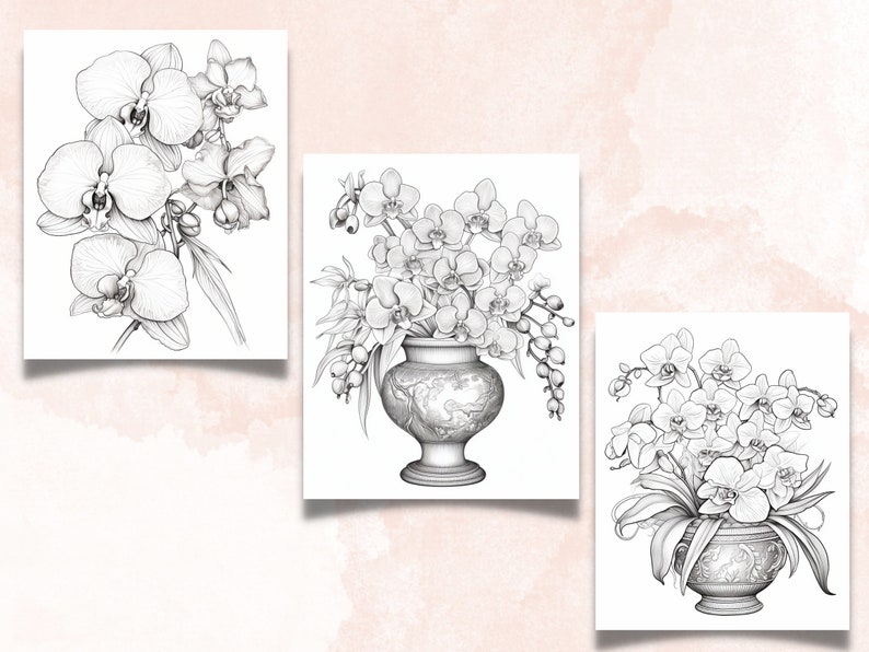 45 Orchid Flowers Coloring Book, Printable PDF, Botanical Floral Plant Coloring Pages, Fantasy Grayscale Spring Coloring Book for Adult Kids
