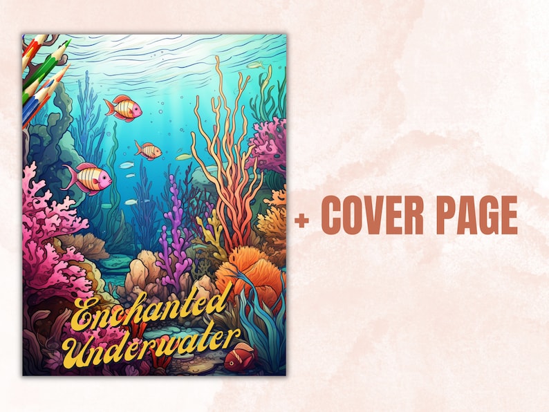 50 Enchanted Underwater Coloring Book, Printable Under the Sea Coloring Pages, Grayscale Ocean Life Scenes Coloring Book for Adults and Kids