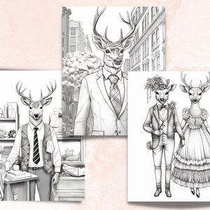 50 Fantasy Deer Coloring Book, Printable Secret Life of Deer Coloring Pages, Grayscale Reindeer Cute Animal Coloring Book for Adults and Kid