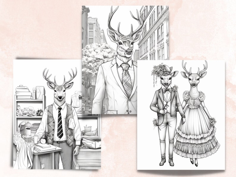 50 Fantasy Deer Coloring Book, Printable Secret Life of Deer Coloring Pages, Grayscale Reindeer Cute Animal Coloring Book for Adults and Kid