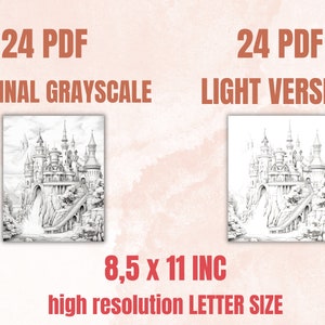 Puede incluir: Un conjunto de 24 p&aacute;ginas para colorear PDF imprimibles que presentan una ilustraci&oacute;n detallada de un castillo de cuento de hadas. Las p&aacute;ginas miden 21,6 cm x 27,9 cm, tama&ntilde;o carta, y vienen en dos versiones: versi&oacute;n original en escala de grises y versi&oacute;n clara.