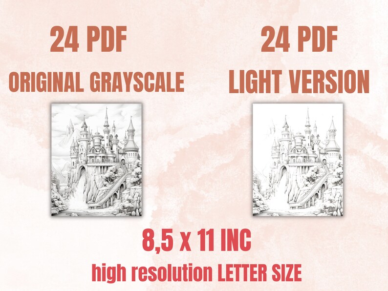Puede incluir: Un conjunto de 24 p&aacute;ginas para colorear PDF imprimibles que presentan una ilustraci&oacute;n detallada de un castillo de cuento de hadas. Las p&aacute;ginas miden 21,6 cm x 27,9 cm, tama&ntilde;o carta, y vienen en dos versiones: versi&oacute;n original en escala de grises y versi&oacute;n clara.