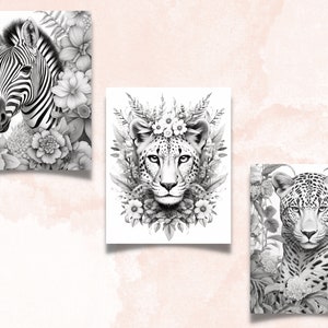 May include: Three black and white illustrations of animals with floral accents. A zebra, a cheetah, and a leopard are depicted in a realistic style.