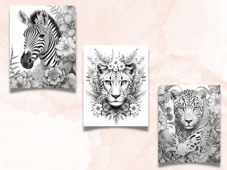 May include: Three black and white illustrations of animals with floral accents. A zebra, a cheetah, and a leopard are depicted in a realistic style.