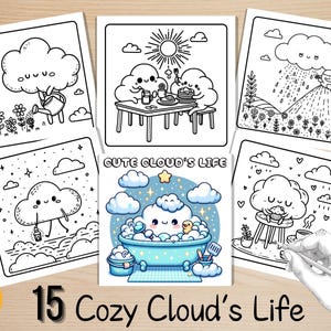 Può includere: Un set di 5 pagine da colorare in bianco e nero con simpatici personaggi di nuvole in varie attività, come giardinaggio, picnic, fare il bagno e godersi una tazza di tè. Il titolo "Cute Cloud's Life" è in cima alla pagina.